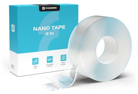 FIXWERK Nano Tape Ruban adhésif double face extra fort Rouleau de 3 m Ruban adhésif amovible Lavable et réutilisable Transparent 2 mm x 3 cm x 3 m