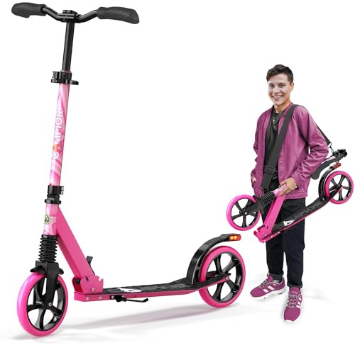 Campior Kick Scooter for Ages 6+, for Kids, Teens, and Adults, Max Load 240 LBS, Foldable, 8-inch Big Wheels for Kids and Adults, with Kickstand, 3 Adjustable Levels, Child Safety Approved, Pink