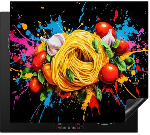 KitchenYeah© Induction Hob Protector Mat Stove Cap Top Cover Kitchen Cooker | 20.5x23.2 / 59x52 cm - Covers for Electric Hobs Vinyl Spaghetti - Graffiti - Paint - Colourful - Food - Modern