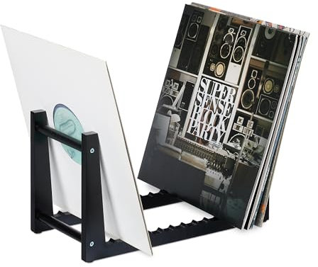 Relaxdays Schallplatten Ständer, Bambus, mit 12 Rillen für 50 LPs, HxBxT: 19,5 x 35 x 17 cm, Vinylständer, schwarz