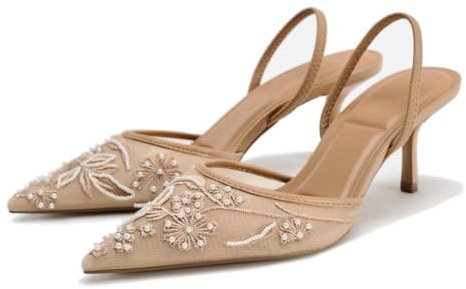 CRETUAO Scarpe col Tacco a Spillo con Cinturino Posteriore e Fiocco da Donna, Tacchi a Gattino con Punta affilata, Perline Ricamate in Rete, Scarpe da Sposa per Feste e Matrimoni,1 Beige,38 EU