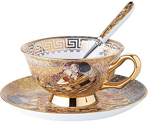 Juego de taza de café y platillo de porcelana de lujo con cuchara, borde dorado, diseño artístico, blanco y dorado