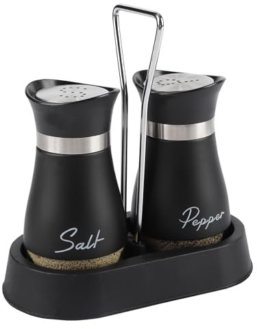 Salt and Pepper Sets,Salt and Pepper Shakers Sets with Holder,Set of 2 Stainless Steel and Glass Bottle Stainless Steel,Salt Shaker Dispenser for Cooking, BBQ (Black)