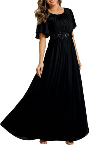 Ever-Pretty Women's Classic Round Neck Pleated Short Sleeves Chiffon Appliques Floor Length A Line Formal Evening Dresses Black US12