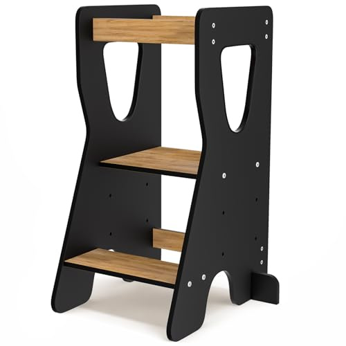 COSYLAND Torre Montessoriana Bambini - Torretta Montessoriana in Legno Naturale - 3 Altezze Regolabili per Sostenere l'Indipendenza del Bambino - Da 18 Mesi a 6 Anni (Nero e Naturale)