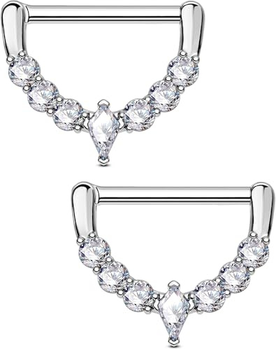 OUFER Body Piercing 14G Nipple Piercing Jewelry Bars Rings 14MM 316L Stainless Steel Shield Clicker Nipple Jewellery Barbell for Women 2pcs Set