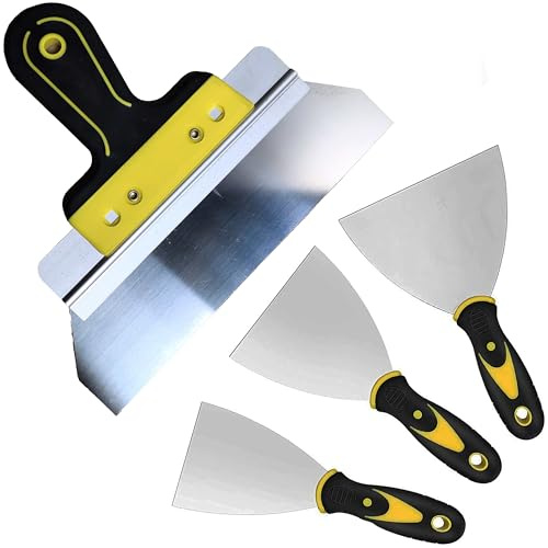 Wall Repair Tool Set (4 Pieces, 2, 4, 6, and 10 inches, Stainless Steel with Soft Handles), Includes Paint Filler and Remover, and a Drywall Trimmer/Plaster Remover. Perfect for DIY renovations.