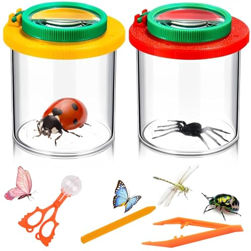 2 Pcs Becherlupen Set mit Pinzette & Insektenfänger Scherenzange, Lupenglas für Insekten Oder Blättern,Insektenglas mit 3-Fach & 6-Fach Lupe,Lupenbecher für Kinder Outdoor Wissenschaft Natur Erkundung