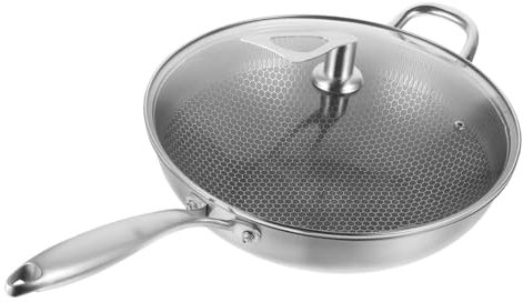 LAPYAPPE Wok a Nido D'ape 34 Cm in Acciaio 410 Con Coperchio Pentola Da Cucina Antiaderente Per Uso Domestico e Ristorazione Cottura a Vapore e Fuoco Lento
