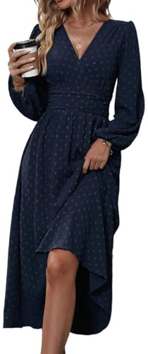 HUXRAKV Vestito Donna Elegante Manica Lunga Vita Alta Abito Scollo a V Casual Vestiti per Autunnale Invernale,WD37-Blu Marino,M