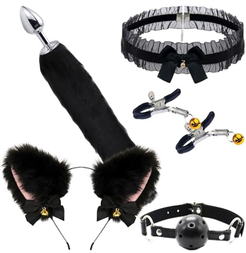 Edelstahl Plug-Set mit Fuchsschwanz & Katzenohren - Cosplay-Spielzeugset für Frauen, Männer & Paare Butt Plug, Haaraccessoires & Rollenspiel-Spielzeug für Anfänger (schwarz)
