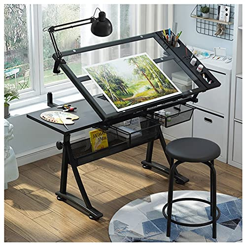 Verstellbarer Zeichentisch mit neigbarer Glasplatte – Art Desk Arbeitsplatz mit Aufbewahrungsschublade zum Basteln und Malen