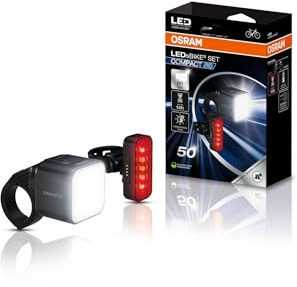 Osram LEDsBIKE Compact 50 Set, kit d'éclairage vélo Rechargeable (Avant et arrière), homologué StVZO, Compatible avec Les Supports Garmin, Trois Niveaux de luminosité, 50 lux