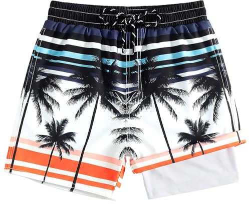 JinBei Badbyxor för pojkar, badshorts med kompressionsfoder, snabbtorkande, stretchiga badkläder med fickor och dragsko midjebaddräkter barn roliga tryckta för strand, surfpool, 7-13 år
