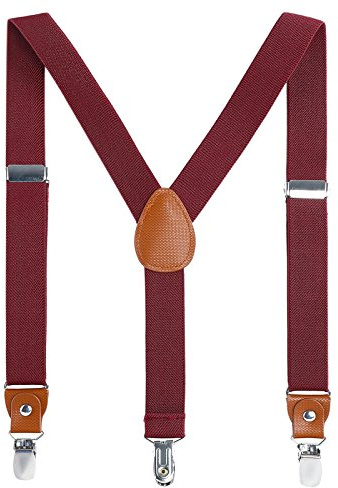 AWAYTR Kids Boys Adults Suspenders - 4 Sizes Sturdy Metal Clips Elastic Adjustable Suspender (27 inches (5 Years-9 Years),Wine red)