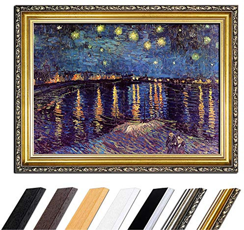 Bilderdepot24 Bild mit Rahmen - Vincent van Gogh Sternennacht über der Rhône 90x70 cm - Gerahmtes Leinwandbild Alte Meister - Antiker Rahmen Gold Barock, Klassisch
