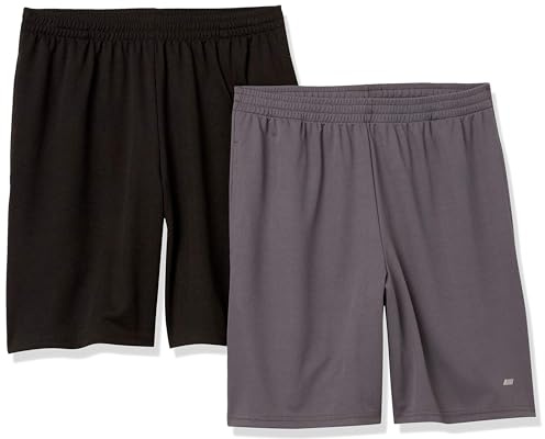 Amazon Essentials Short d’Entraînement pour Le Basket-Ball et la Gym en Tissu Technique Performant, Coupe Ample Homme, Lot de 2, Gris Foncé/Noir, M