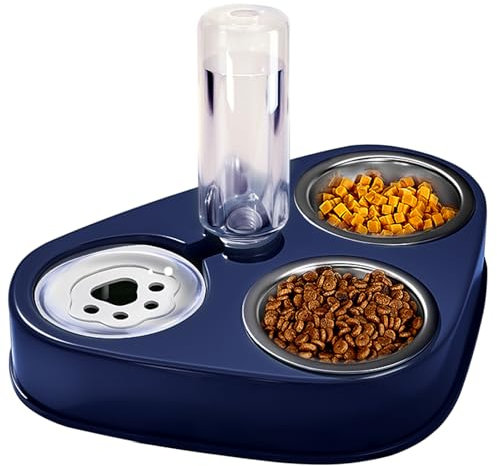 Ciotola Gatti Rialzata,3 in 1 Doppio Gatto Ciotola in acciaio inossidabile with Automatic Water Dispenser,Ciotole per Animali Adatto a Gatti e Cuccioli (blu)