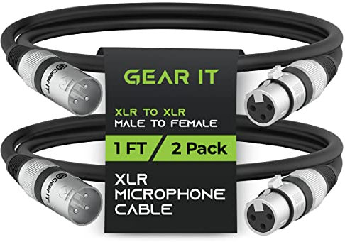 GEARit XLR Mikrofonkabel (1 Fuß, 2er Pack) - Stecker auf Buchse, 3-polig symmetrisch geschirmt für Mischpult/Studio/Podcast - Schwarz, 1Ft, 2er Pack