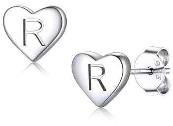 S925 Sterling Silver Heart Studs Earrings for Women, Hypoallergenic 26 Initial Letter A-Z Small Tiny Earrings for Girls Ladies Mum Daughter Sisters Friends Lover Silver Jewellery with Gift Box