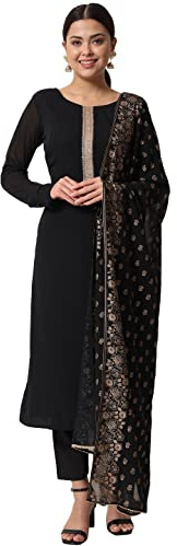 FIORRA Kurta droit en crêpe polyester noir avec pantalon et dupatta pour femme, noir, Small