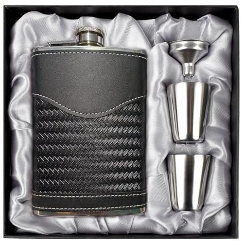 LHD Home Flachmann-Set - 304 Edelstahl Mit Trichter, Schnapsgläser - Geschenk für Herren, Whiskey, Rum, Trauzeugen, Usher - Leder, Schwarz, 2237 ml