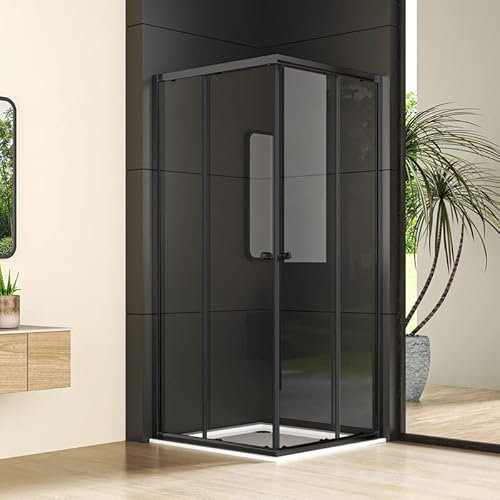 Eckeinstieg Duschkabine 90x90x185 cm Doppel Schiebetür Duschabtrennung 6mm ESG Glas Mattes Schwarz Duschwand Sicherheitsglas, Duschtür Höhe 185cm