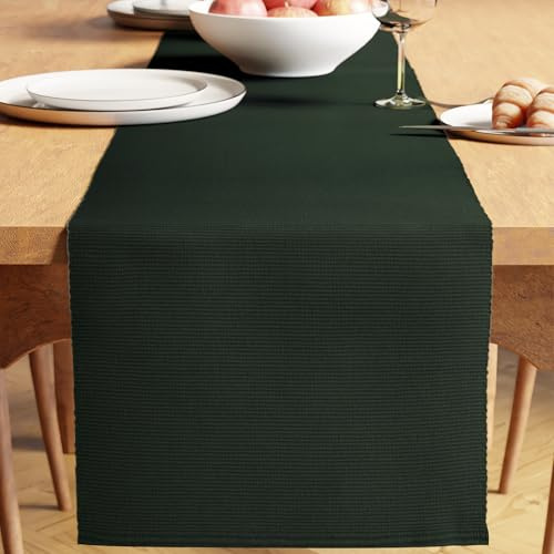 Encasa XO Dining Table Runner 32x150 cm | Yarn Dyed Fine Ribbed Cotton | Dark Green | Machine Washable