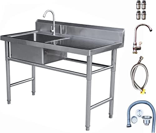 Waschbecken für Zuhause, Küchenspülen, industrielles Küchenspüle, tragbares Händewaschen, Gartenspüle für den Außenbereich, Edelstahl 304, mit Aufkantungs-Ablaufsieb, verstellbare Rundfüße