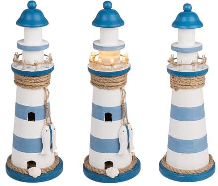 Out of the blue Holz-Leuchtturm mit LED, ca. 10 x 30 cm, für 2 Mignon Batterien (AAA), Standart