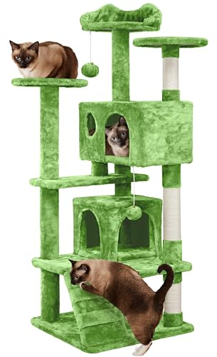 Yaheetech Albero Tiragraffi per Gatti 139 cm con 3 Pali Graffiatoi 3 Posatoi 2 Grotta 2 Pompon in Peluche a Più Livelli Giocattolo Gioco Verde