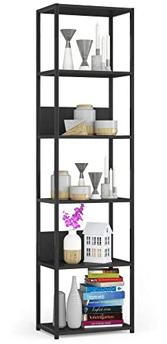 AKORD Bücherregal mit 6 Ablagen 50cm breit | Industrial/Loft-Style | Offen | Skelettbauweise | Standregal | Holz/Metall | Für Küche, Schlafzimmer, Büro | Regal mit Metallrahmen | Schwarz