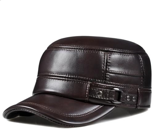 JUZHIJIA Winter Leather Cap Men's Flat Caps Warm Army Military Hat Elegant Man Baseball Cap British Vintage Leather Hat(Dark Brown,S)