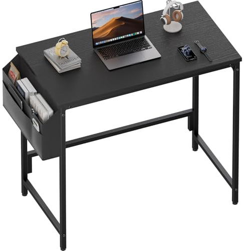 HLFURNIEU Scrivania Piccola, 80 x 40 cm Scrivania Ufficio con Borsa Portaoggetti, Tavolo da Lavoro per Ufficio Domestico, Soggiorno, Piccoli Spazi, Struttura Metallica, Nero