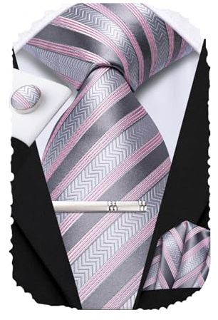 Hi-Tie Krawatten-Set für Herren, Seidenkrawatten für Herren, Pink, Blau, Schwarz, 4-teilig, Krawatte, Einstecktuch, Manschettenknöpfe, Clip für Hochzeit, silber, rosa, M