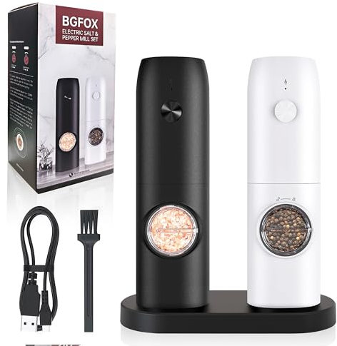 BGFOX Salz und Pfeffer Mühle Elektrisch 2er Set mit einstellbarem Keramik-Mahlwerk von grob bis fein, Gewürzmühlenset Automatisch mit Basis LED-Licht Type-c Reinigungspinsel (2 Stück) (Schwarz-Weiß)