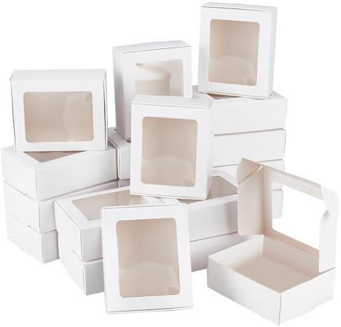 BENECREAT 24 Packung Weiße Kraftpapierboxen Mit Durchsichtigem Fenster, 7.9x10x3.5cm wiederverwendbar Große Geschenkverpackung Für Jubiläen, Geburtstage, Hochzeiten, Graduierung