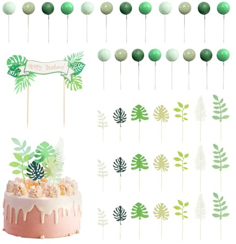 Set 21 Inserti a Foglia Verde, 20 Palline per Torte e 1 Striscione di Compleanno - Accessori per Decorazione Verde