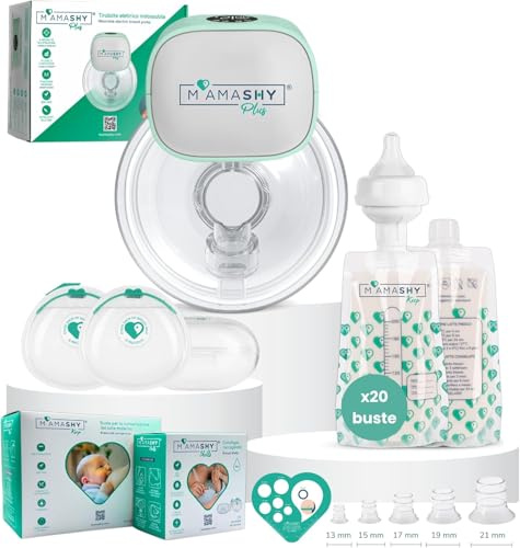 MAMASHY Plus BOX – Tiralatte Elettrico Indossabile per Allattamento | Silenzioso, 6 Taglie, 20 Sacchetti Latte, 2 Coppette Raccogli Latte, 5 Adattatori BPA‑Free, Portatile, Accessori Inclusi