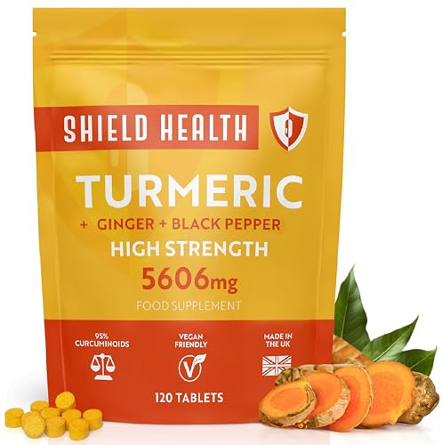 Turmeric and Black Pepper High Strength with Ginger 5606mg - Turmeric 95% Curcumin Supplements | 120 Easy Swallow Tablets (Not Capsules or Powder) - Letterbox Friendly - Made in UK