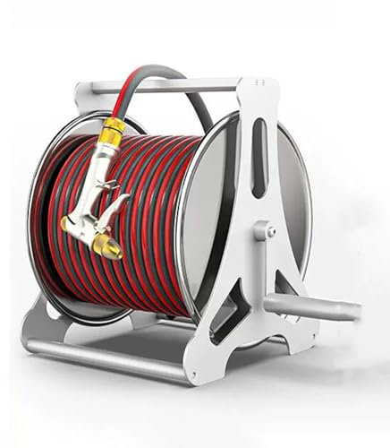 Schlauchwagen, Gartenschlauchwagen mit Sprühdüse, wandmontierter/tragbarer Wasserschlauch aus Edelstahl für den Außenbereich, 1/2 Zoll, Pflanzschlauchwagen (Farbe: Rot, Größe: 30 m)