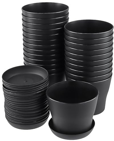 KEILEOHO 24 macetas de plástico de 10 cm, Color Negro, pequeñas macetas de plástico con Bandeja, macetas para Plantas