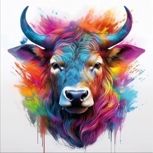 artissimo Bild aus Glas 50x50 cm Stier bunt Pop Art AG5582A – modernes Glasbild Tierbild Wandbild Quadratisch, farbige Wanddeko Wohnzimmer