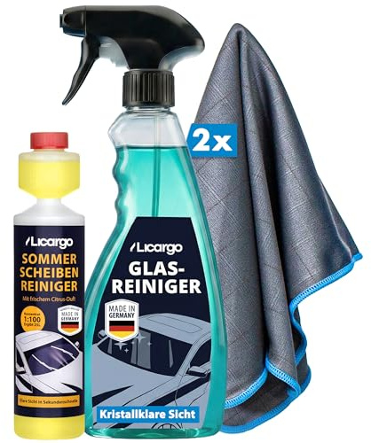 LICARGO Scheiben Reinigungs Set – Sommerscheibenreiniger Konzentrat (250 ml), Premium Glasreiniger (750 ml), 2X Carbontücher (50x40 cm) für kristallklare Scheiben ohne Schlieren