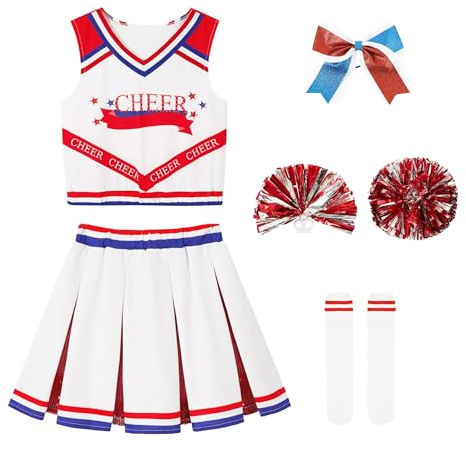 LOLANTA Cheerleader Kostüm Kinder Rot, Faschingskostüm Mädchen Cheerleader mit Pompoms Socken Kopfschmuck Cheerleading Uniform(Rot, 5-6 Jahre, Tag 120)