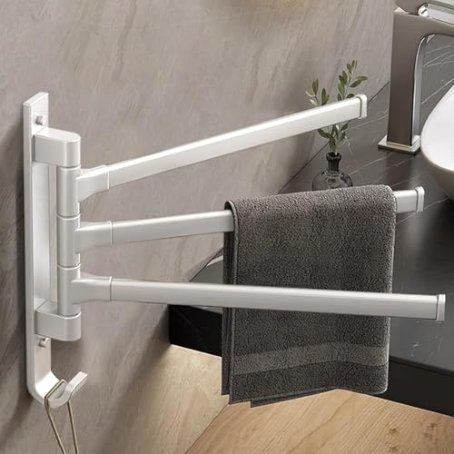 Mr.Sun Handtuchhalter Ohne Bohren 33cm/13IN Handtuchstange Gästehandtuchhalter zum Kleben oder Mit Bohren Geeignet für Wand Bad und Küche 3-Stangen Design Drehbar mit Haken Aluminium (Weiß Matt)