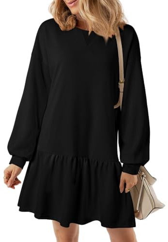 ABYOVRT Vestito Casual da Donna Manica Lunga Feple Abito Girocollo A Line Vestiti Sportivo Sweatshrt Pullover Mini Dress Invernali Autunno,Nero,L