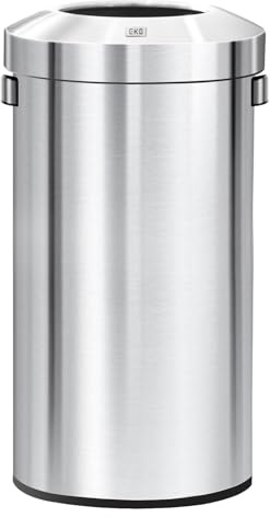 EKO 32-Gallon Round Stainless Steel Open Top Trash Can, Large Commercial Waste Bin with Detachable Lid and Carrying Handle, Brushed Metal Garbage Bin for Home, Office, Restaurant, Restroom