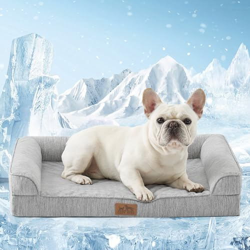 COZY KISS Kühlende Orthopädisches Hundebett für Kleine Hunde 76x51x15cm - Q-Max>0.4 Sommer Ergonomische Hundesofa mit abnehmbarem und waschbarem Bezug & Eierkisten-Schaumstoff, Silbergrau