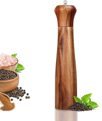 XWXO 1 Pack - 10 Inch tall Acacia Wood Pepper Grinder or Salt Mill Elegant Pepper Mill Wooden with a Adjustable Ceramic Rotor and Easily Refillable - Wood Salt Grinder for Your Kitchen